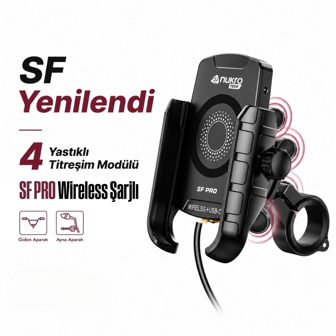 SF Pro 4 Yastıklı Titreşim Modüllü Motosiklet Telefon Tutucu – 15W Kablosuz Şarj & USB-C Hızlı Şarj