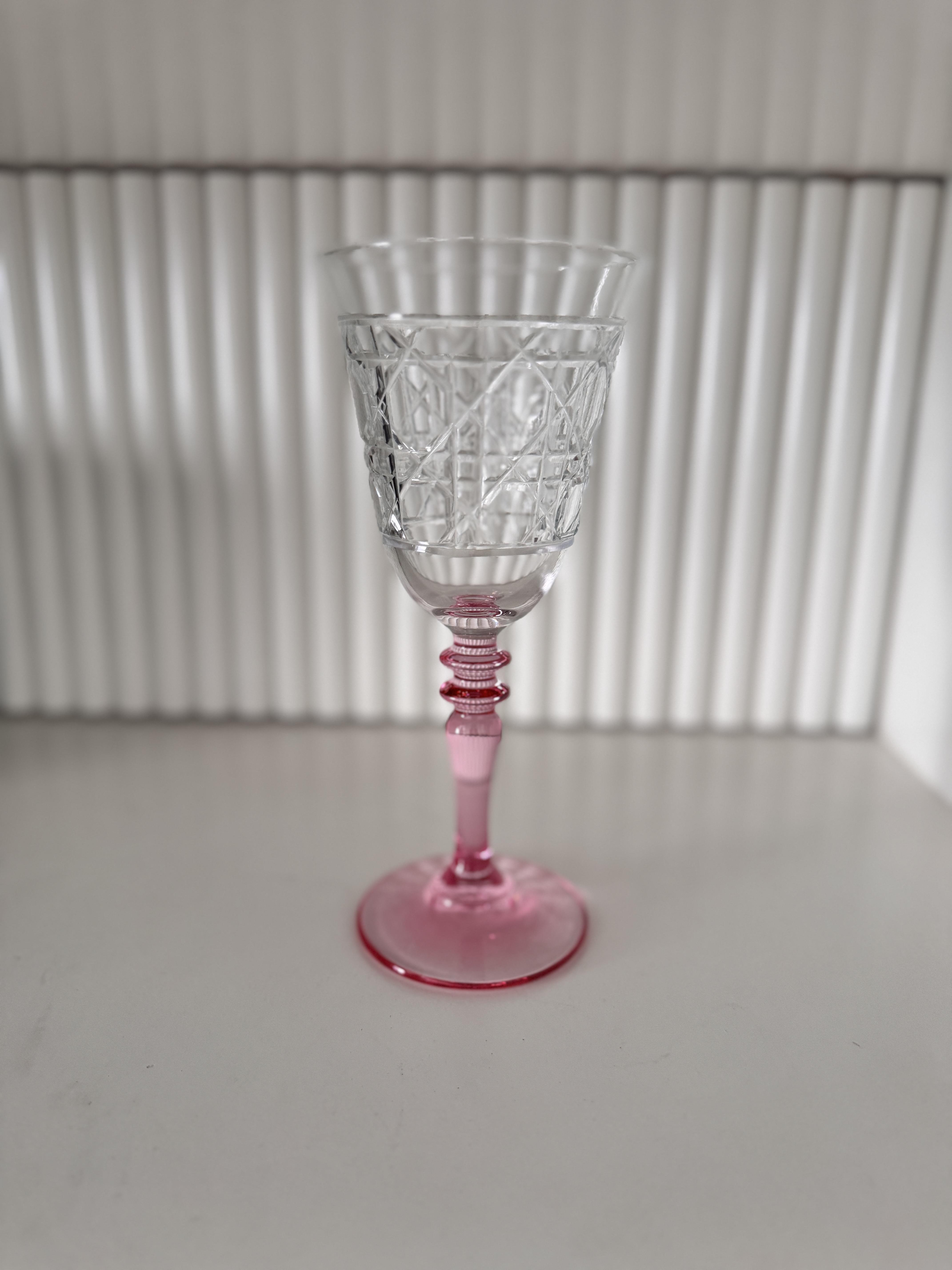 Kristal Kesme Cam Kadeh Ayak Boyalı Pembe