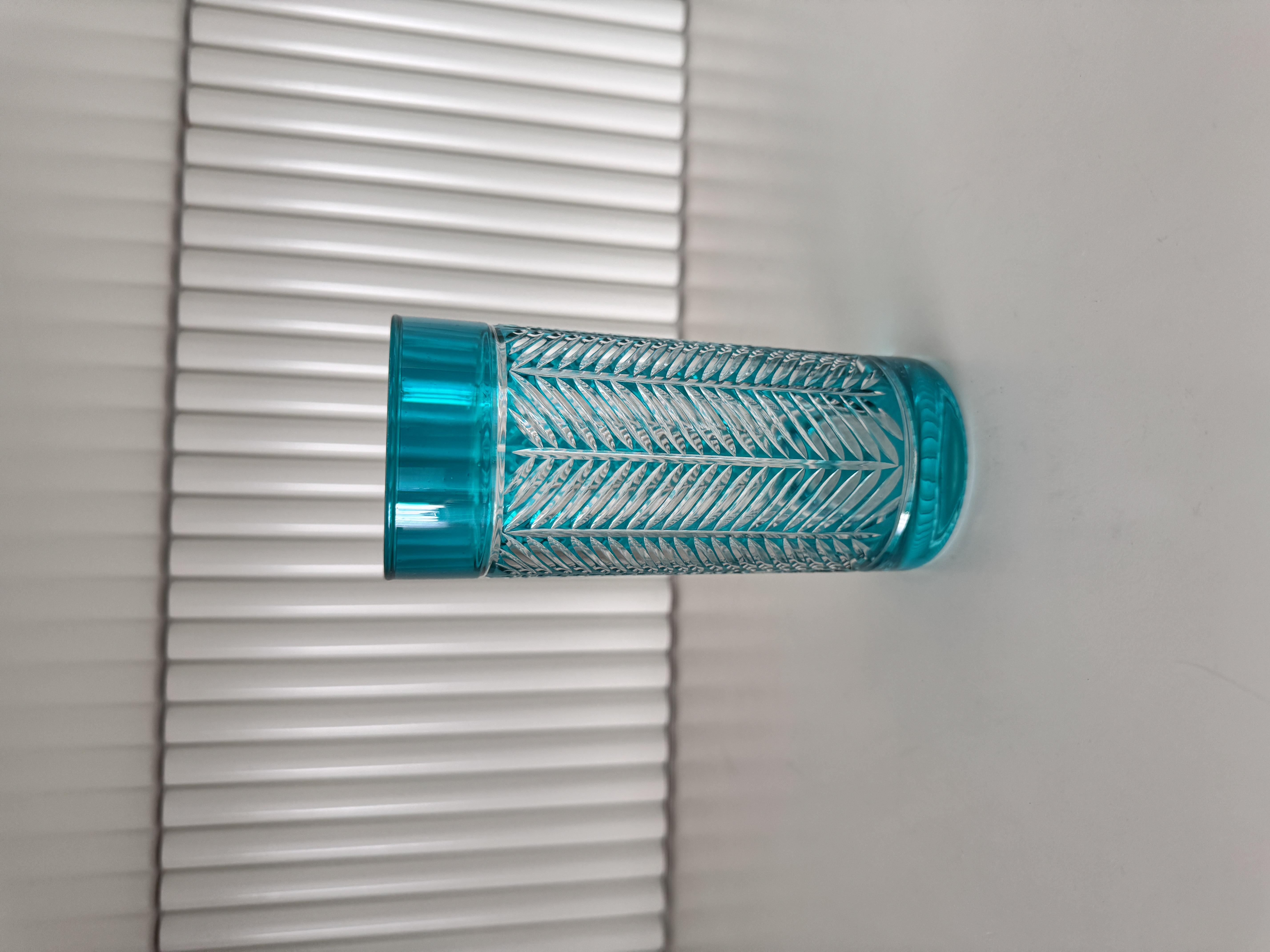 Kristal Kesme Cam Meşrubat Bardağı Balık Sırtı Turkuaz