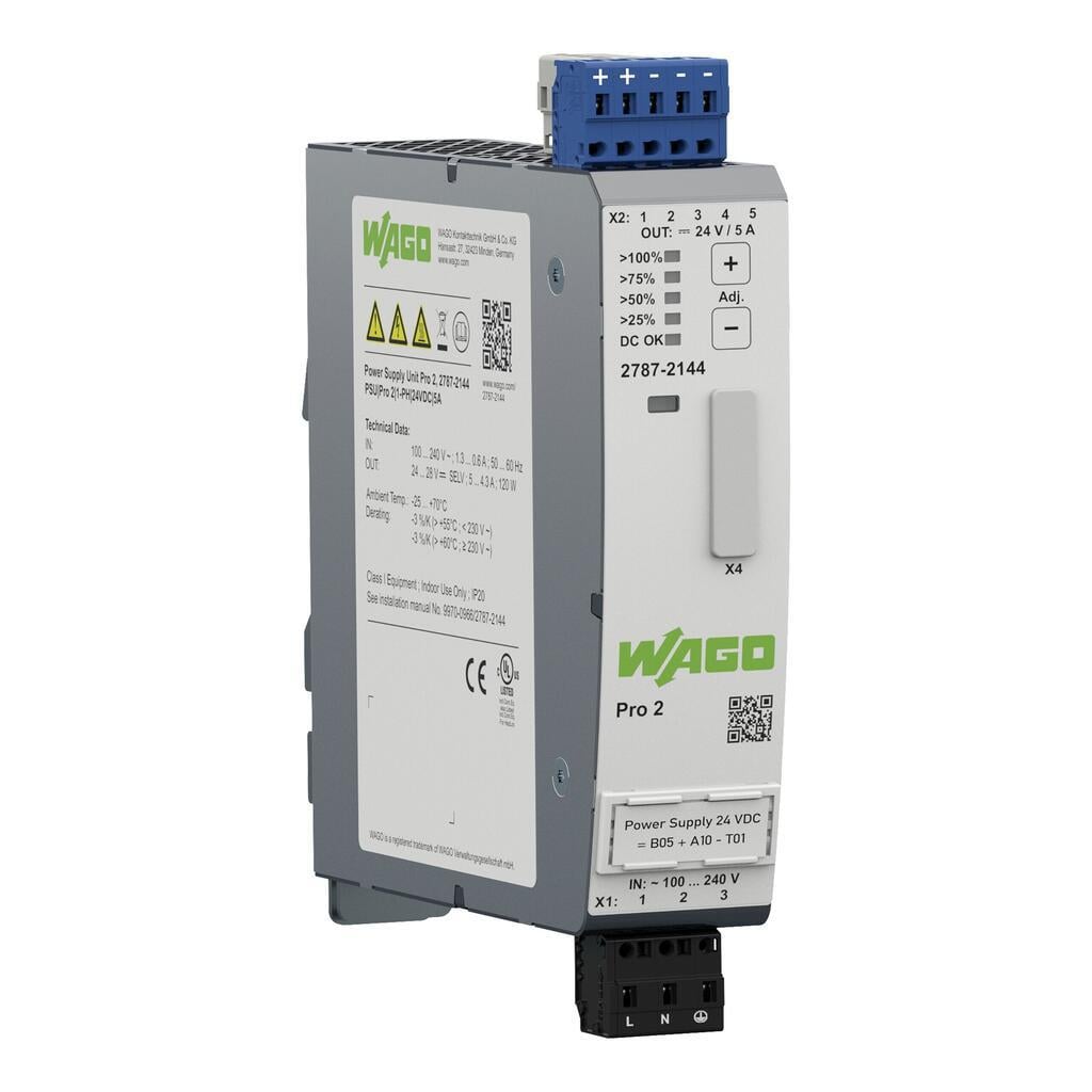 WAGO 2787-2144   Güç kaynağı Pro2 1 Fazlı 24VDC Çıkış gerilimi 5A Çıkış akımı TopBoost + PowerBoost İletişim yeteneği
