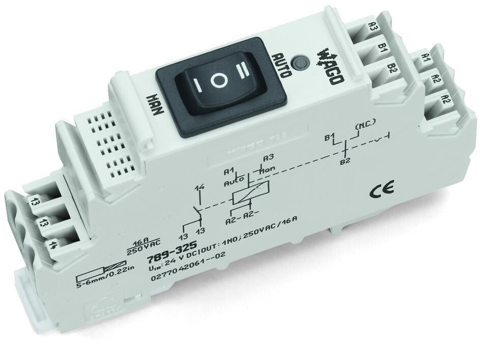 WAGO 789-325   Röle Modülü Nominal Giriş Gerilimi 24VDC 1 Normalde Açık Kontak Sınırlayıcı Sürekli Akım 16A Lamba Yükleri İçin Manuel/Kapalı/Oto Anahtarı Kırmızı Durum Göstergesi Modül Genişliği 18mm