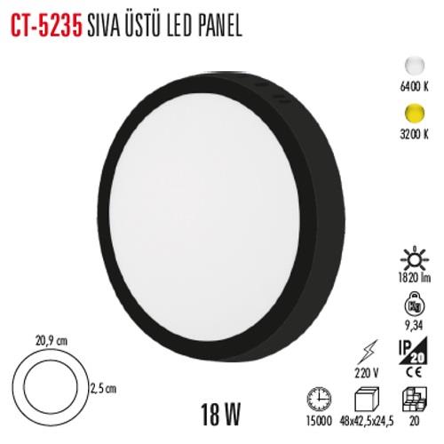 CT-5235B 18W 6400K BEYAZ IŞIK SIVA ÜSTÜ LED ARMATÜR SİYAH KASA