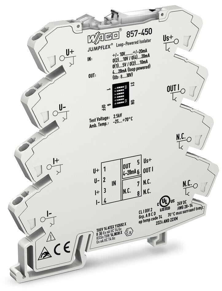 WAGO 857-450   Döngü Besleme İzolasyon Kuvvetlendirici Çift Kutuplu Akım ve Gerilim Girişi Sinyali Akım Çıkışı Sinyali DIP Switch ile Konfigürasyon Çıkış Üzerinden Güç Beslemesi 6mm Modül Genişliği 2.50 mm²