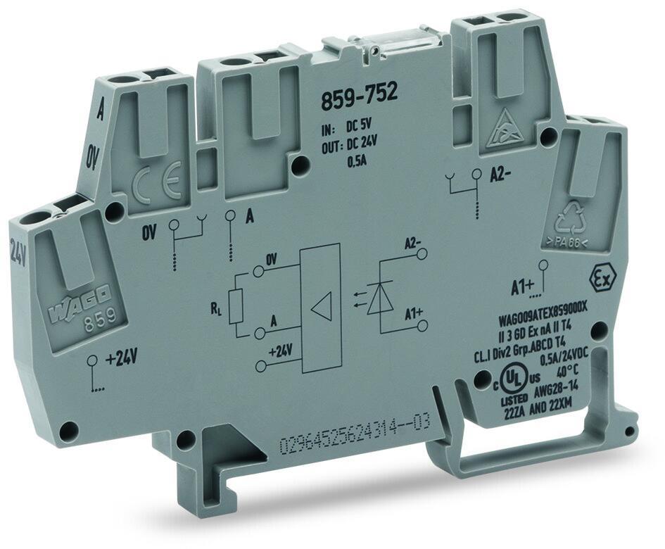 WAGO 859-752   Optokuplör Modülü Nominal Giriş Gerilimi 5VDC Çıkış Gerilimi Aralığı 0 - 24VDC Sınırlayıcı Sürekli Akım 0.5A Frekans 10kHz Modül Genişliği 6mm Gri