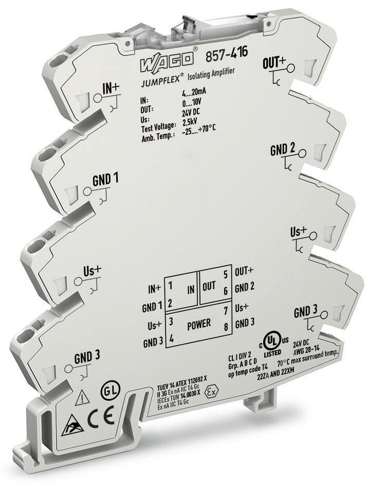 WAGO 857-416   İzolasyon Kuvvetlendiricisi Akım Girişi Sinyali Gerilim Çıkışı Sinyali Besleme Gerilimi 24 VDC 6mm Modül Genişliği 2.50 mm²