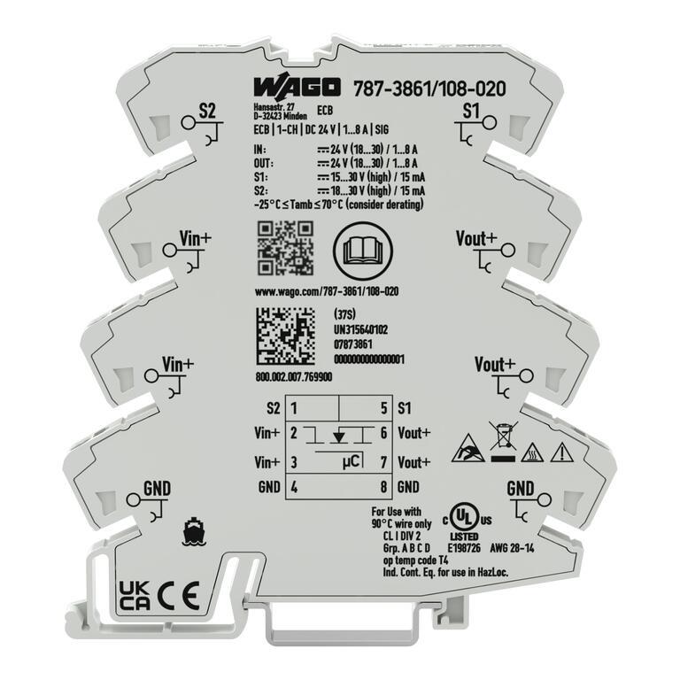 WAGO 787-3861/108-020  Elektronik Devre Kesici 1 Kanallı 24VDC Giriş Gerilimi Ayarlanabilir 1 - 8A Sinyal Kontağı