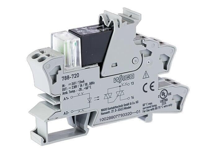 WAGO 788-720   SSR Röle Modülü Nominal Giriş Gerilimi 24VDC Çıkış Gerilimi Aralığı 24 - 240VAC Sınırlayıcı Sürekli Akım 1A 2 Telli Bağlantı Zero-Cross Switching Kırmızı Durum Göstergesi Modül Genişliği 15mm Gri