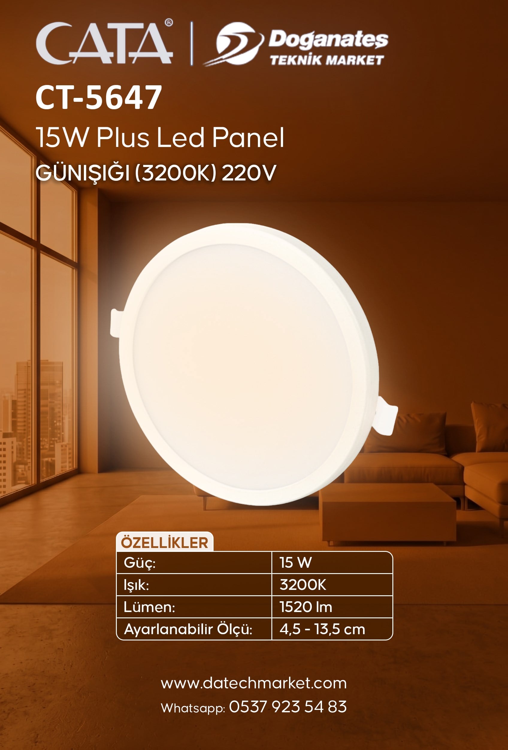 CT-5647 PLUS 15W GÜNIŞIĞI SIVA ALTI LED PANEL (3200K)