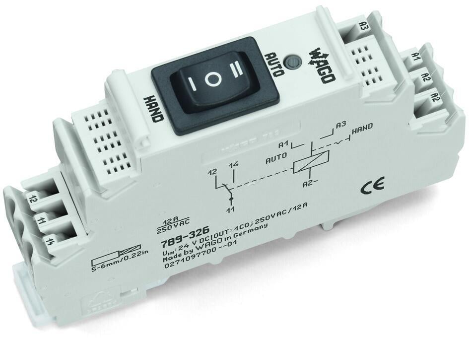 WAGO 789-326   Röle Modülü Nominal Giriş Gerilimi 24VDC 1 Değişken Kontak Sınırlayıcı Sürekli Akım 12A Lamba Yükleri İçin Manuel/Kapalı/Oto Anahtarı Kırmızı Durum Göstergesi Modül Genişliği 18mm