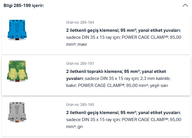 WAGO 285-199  Üç Fazlı Set 95 Mm² Yüksek Akım Klemensli Sadece Dın 35 X 15 Ray İçin Bakır Gri – Mavi – Yeşil - Sarı