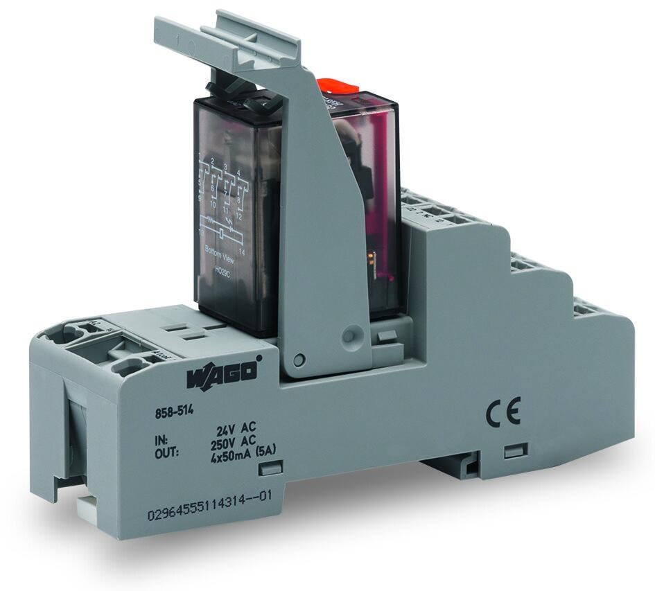 WAGO 858-514   Röle Modülü Nominal Giriş Gerilimi 24VAC 4 Değişken Kontak Sınırlayıcı Sürekli Akım 5A Altın Kontaklı Manuel Çalıştırmalı Kırmızı Durum Göstergesi Modül Genişliği 31mm