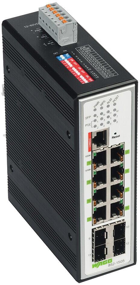 WAGO 852-1505  Endüstriyel Yönetilebilir Switch 8 Port 1000Base-T 4-Slot 1000Base-SX/LX Geniş Sıcaklık Aralığı 8xEthernet Üzerinden Güç Metalik Siyah