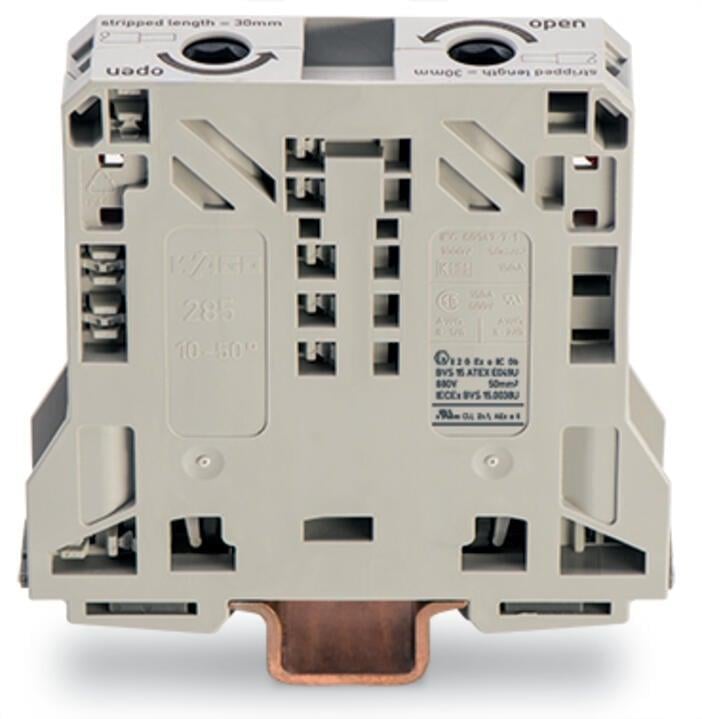 WAGO 285-950  2 İletkenli Geçiş Klemensi 50 Mm² Ex E Iı Uygulamaları İçin Uygun Sadece Dın 35 X 15 Ray İçin Açık Gri