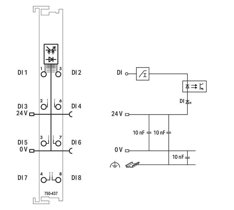 WAGO 750-437   8 Kanallı Dijital Giriş 24 VDC 0.2ms Düşen Kenar Anahtarlama