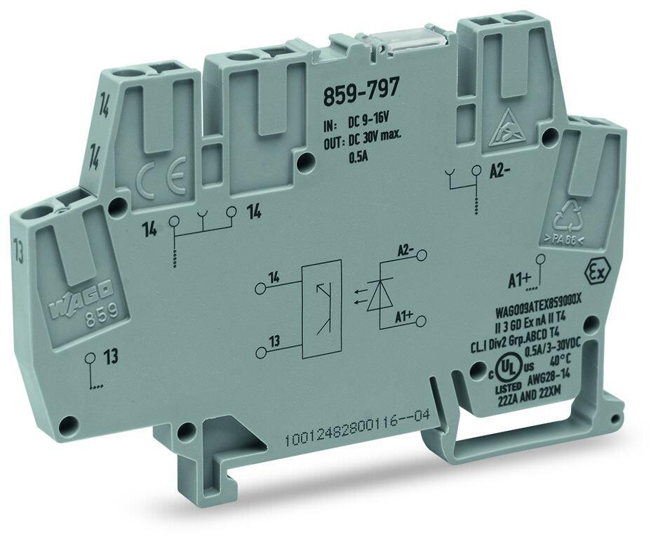 WAGO 859-797    Optokuplör modülü Nominal giriş gerilimi 12 VDC Çıkış gerilimi aralığı 3 - 30 VDC Sınırlayıcı sürekli akım 0.5A 2 telli bağlantı Modül genişliği 6mm Gri