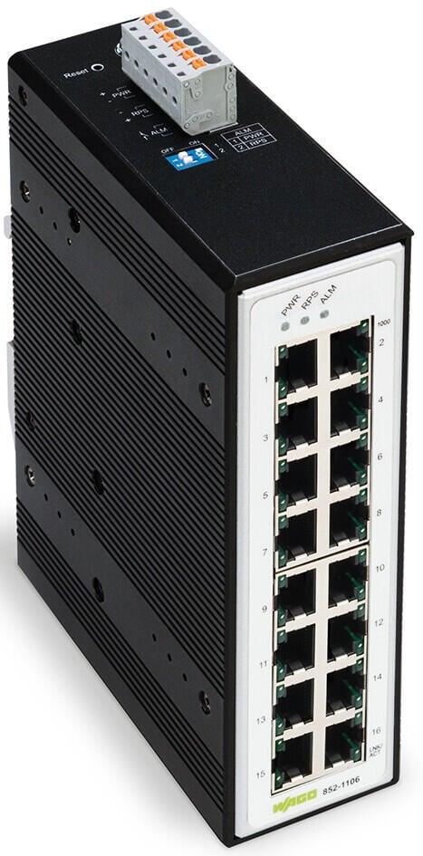 WAGO 852-1106  Endüstriyel Switch 16 Port 1000Base-T Geniş Sıcaklık Aralığı Metalik Siyah