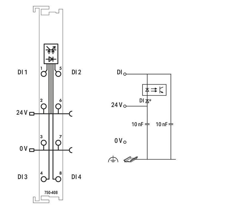 WAGO 750-408/025-000   4 Kanallı Dijital Giriş 24 VDC 3ms Düşen Kenar Anahtarlama Geniş Sıcaklık