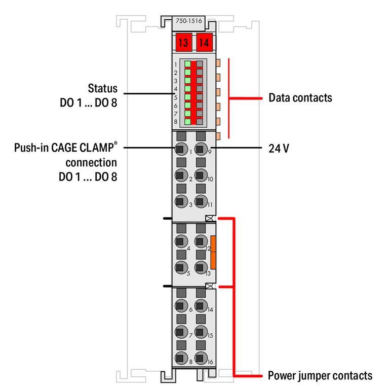 WAGO 750-1516   8 Kanallı Dijital Çıkış 24 VDC 0.5A Düşen Kenar Anahtarlama 2 İletkenli Bağlantı