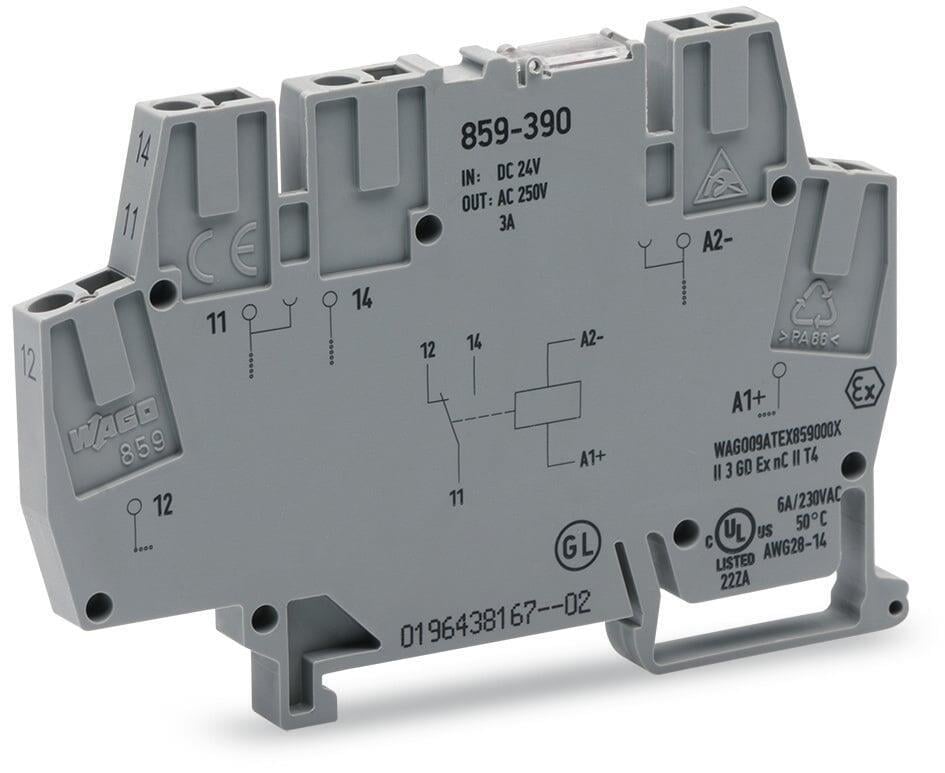 WAGO 859-390   Röle Modülü Nominal Giriş Gerilimi 24VDC 1 Değişken Kontak Demiryolu Kırmızı Durum Göstergesi Modül Genişliği 6mm 2.50 mm² Gri
