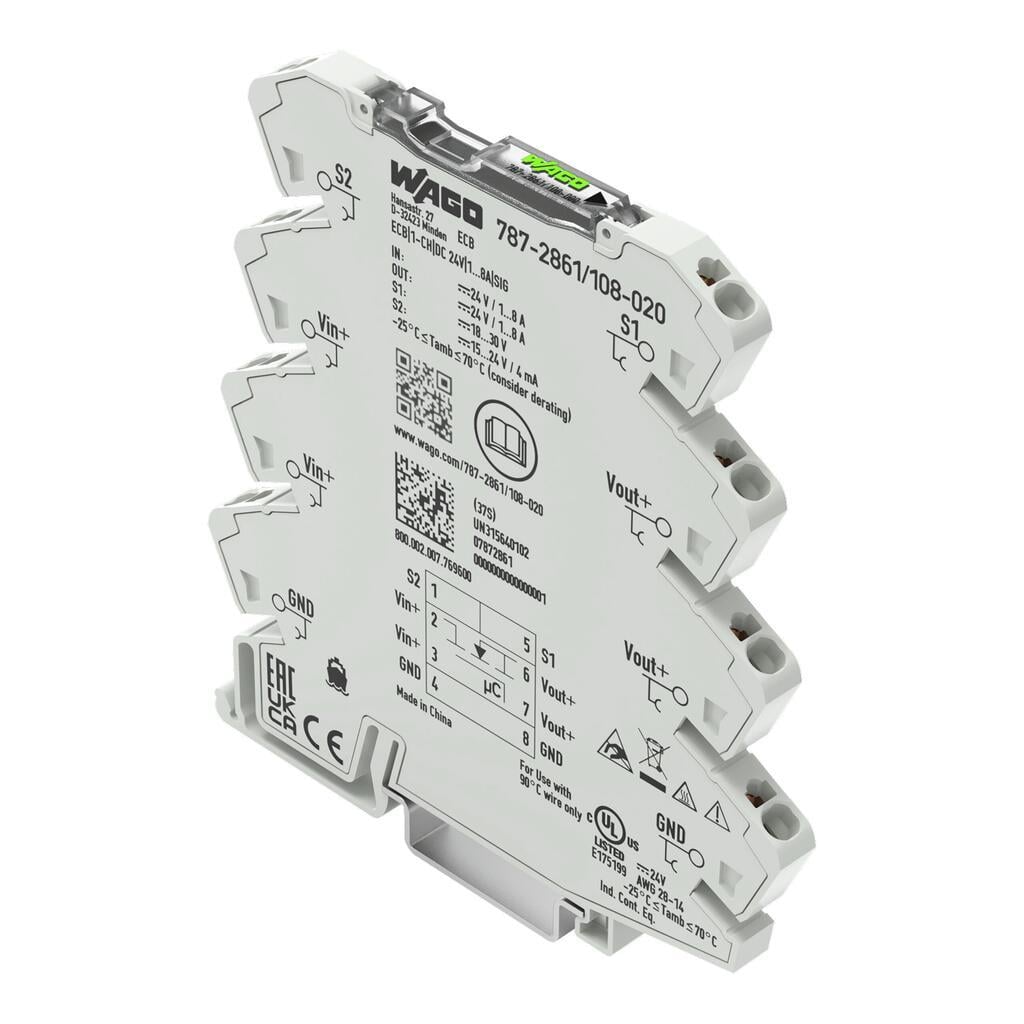 WAGO 787-2861/108-020 Elektronik Devre Kesici 1 Kanallı 24VDC Giriş Gerilimi Ayarlanabilir 1 - 8A Sinyal Kontağı
