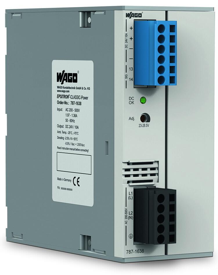 WAGO 787-1638  Anahtarlamalı Mod Güç Kaynağı Klasik 2 Fazlı 24VDC Çıkış Gerilimi 10A Çıkış Akımı TopBoost DC OK Kontak