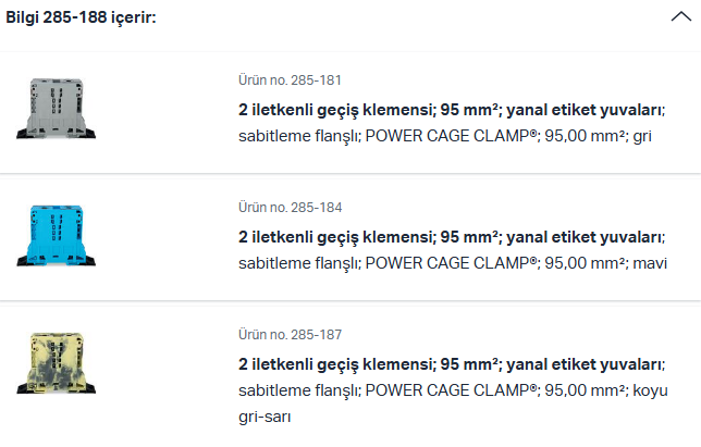 WAGO 285-188 Üç Fazlı Set 95 Mm² Yüksek Akım Klemensli Sabitleme Flanşlı Bakır Çok Renkli