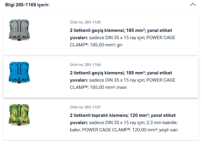 WAGO 285-1169  Üç Fazlı Set 185/120 Mm² Yüksek Akım Klemensli Sadece Dın 35 X 15 Ray İçin; Bakır Gri – Mavi – Yeşil - Sarı