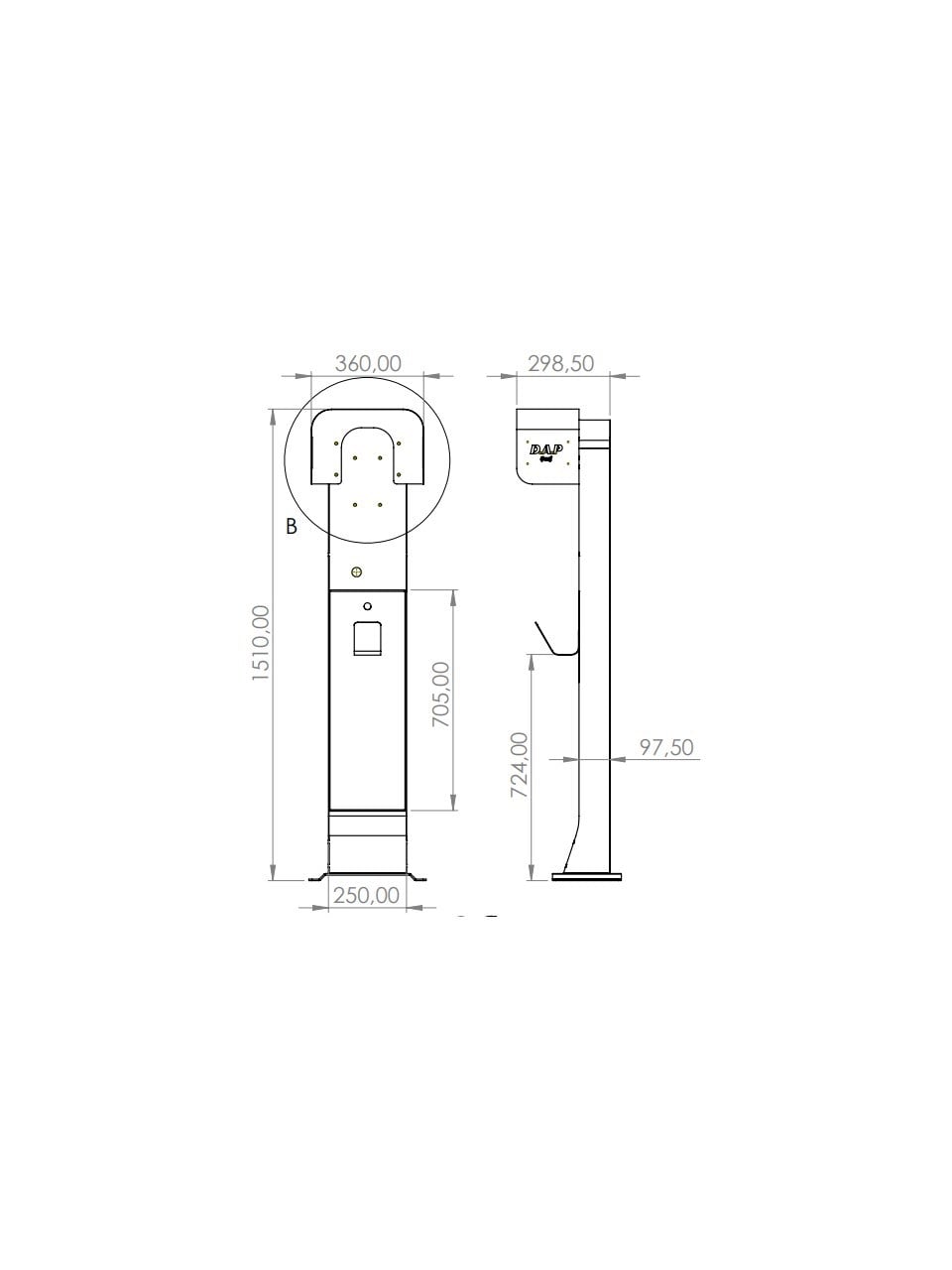 DAPSC-PDS3415013  360X1510X300 Ayaklı Tip Sayaçlı Ac Sarj Cihaz Standı
