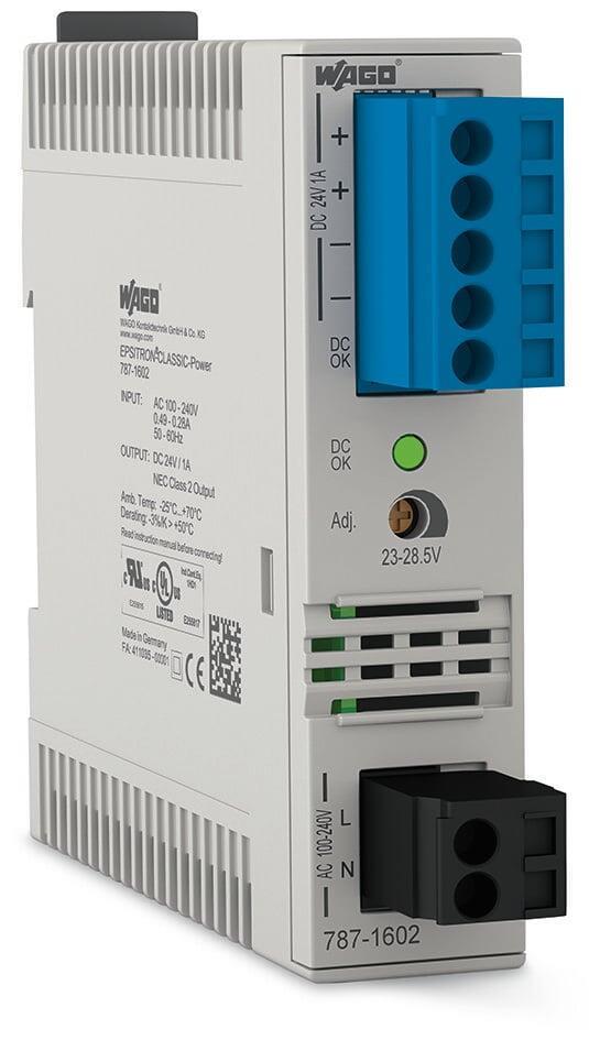 WAGO 787-1602  Anahtarlamalı Mod Güç Kaynağı Klasik 1 Fazlı 24VDC Çıkış Gerilimi 1A Çıkış Akımı NEC Sınıf 2 DC OK Sinyali