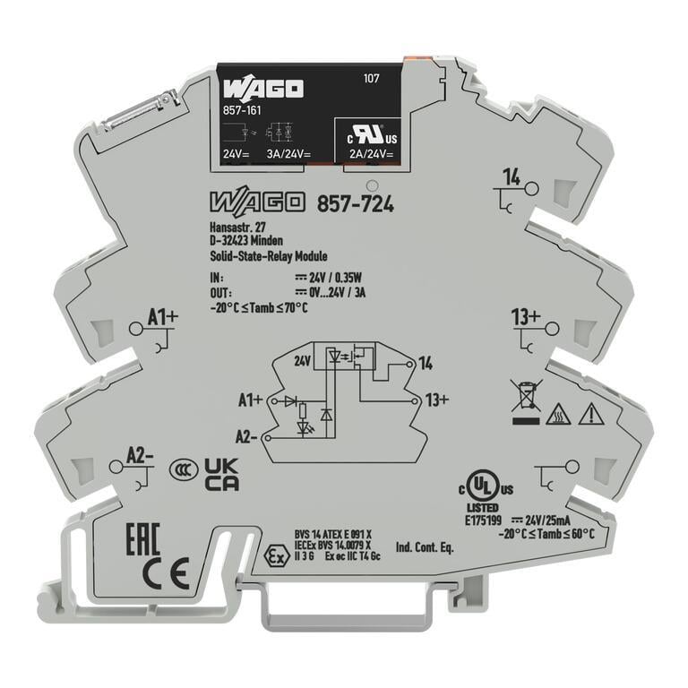 WAGO 857-724   SSR Röle Modülü Nominal Giriş Gerilimi 24VDC Çıkış Gerilimi Aralığı 0 - 24VDC Sınırlayıcı Sürekli Akım 3A 2 Telli Bağlantı Sarı Durum Göstergesi Modül Genişliği 6mm Gri