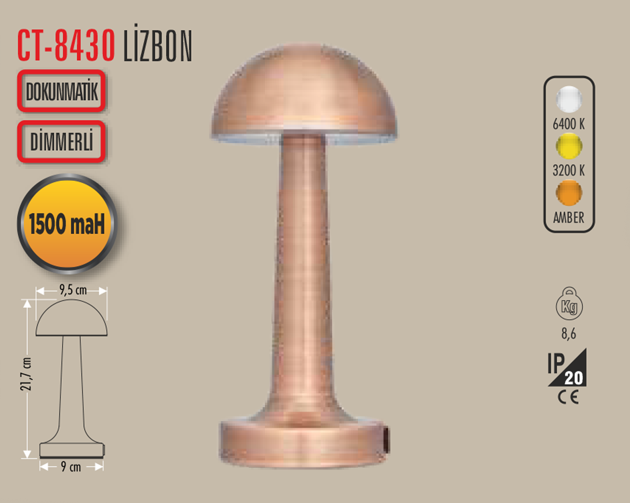 CT-8430 LİZBON ŞARJLI MASA LAMBASI 3 RENK E27