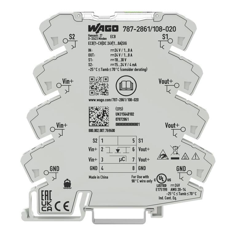 WAGO 787-2861/108-020 Elektronik Devre Kesici 1 Kanallı 24VDC Giriş Gerilimi Ayarlanabilir 1 - 8A Sinyal Kontağı