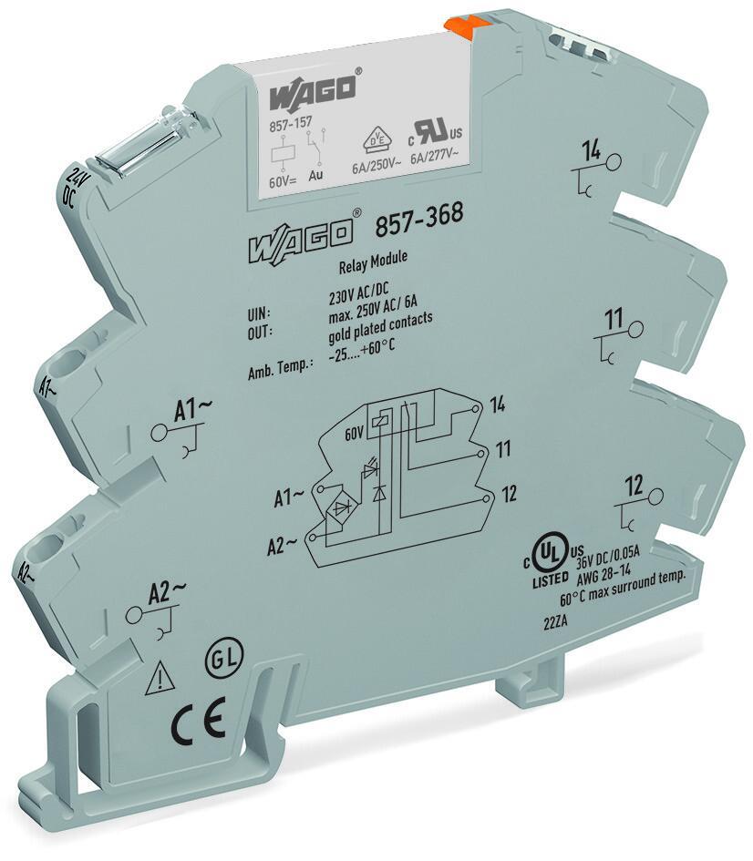 WAGO 857-368   Röle Modülü Nominal Giriş Gerilimi 230V AC/DC 1 Değişken Kontak Sınırlayıcı Sürekli Akım 6A Altın Kontaklı Sarı Durum Göstergesi Modül Genişliği 6mm 2.50mm² Gri