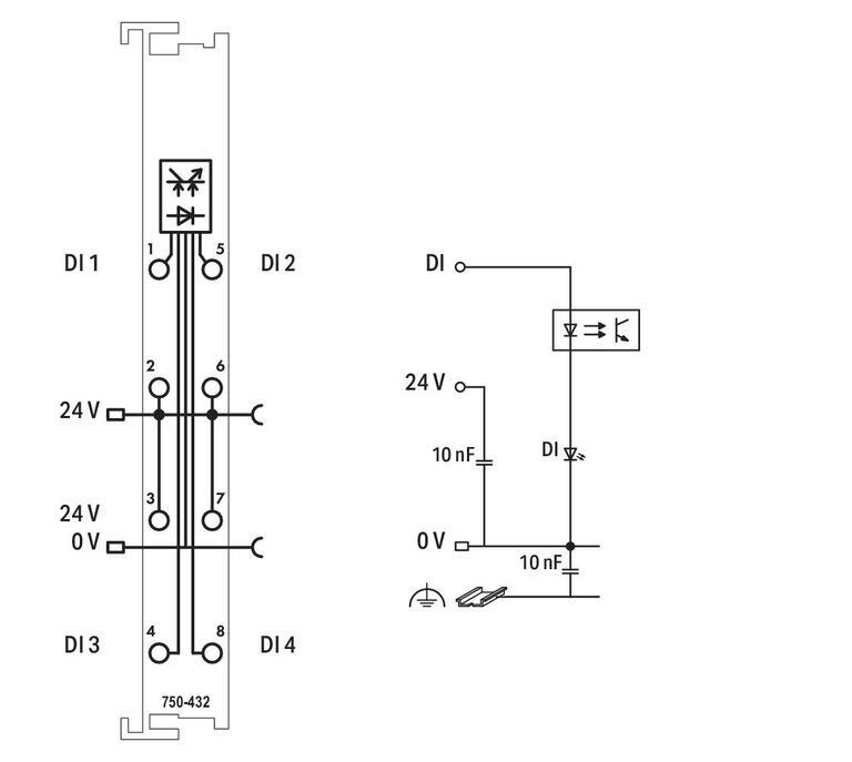WAGO 750-432   4 Kanallı Dijital Giriş 24 VDC 3ms 2 İletkenli Bağlantı