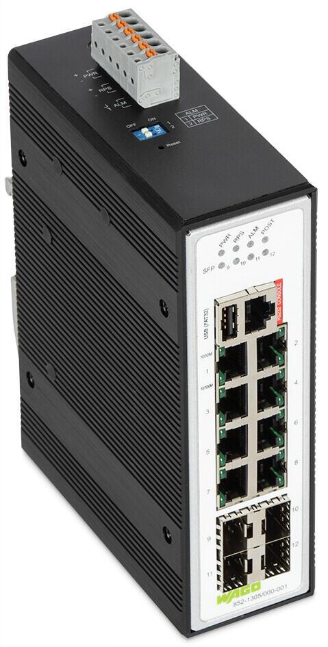 WAGO 852-1305/000-001  Endüstriyel Yönetilebilir Switch 8 Port 1000Base-T 4-Slot 1000Base-SX/LX Geniş Sıcaklık Aralığı USB Metalik Siyah