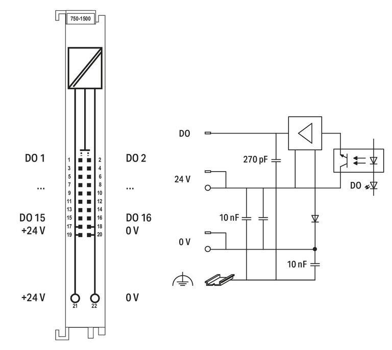 WAGO 750-1500   16 Kanallı Dijital Çıkış 24 VDC 0.5A Şerit Kablo