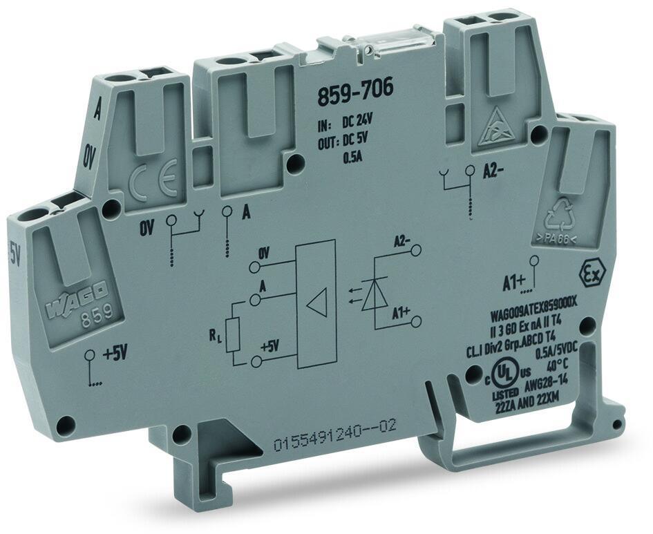 WAGO 859-706    Optokuplör modülü Nominal giriş gerilimi 24VDC Sınırlayıcı sürekli akım 0.5A  Frekans 10kHz Modül genişliği 6mm Gri