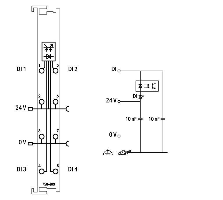 WAGO 750-409   4 Kanallı Dijital Giriş 24 VDC 0.2ms Düşen Kenar Anahtarlama