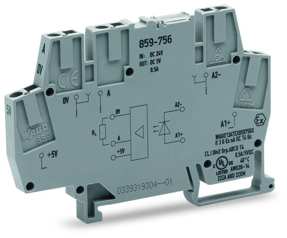 WAGO 859-756    Optokuplör modülü Nominal giriş gerilimi 24VDC Çıkış gerilimi aralığı 4 -6 VDC Sınırlayıcı sürekli akım 0.5A Frekans 10 kHz Modül genişliği 6mm Gri