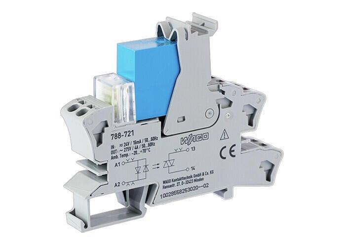 WAGO 788-721   SSR Röle Modülü Nominal Giriş Gerilimi 24 V AC/DC Çıkış Gerilimi Aralığı 24 - 230 VAC Sınırlayıcı Sürekli Akım 4A 2 Telli Bağlantı Zero-Cross Switching Kırmızı Durum Göstergesi Modül Genişliği 15mm Gri
