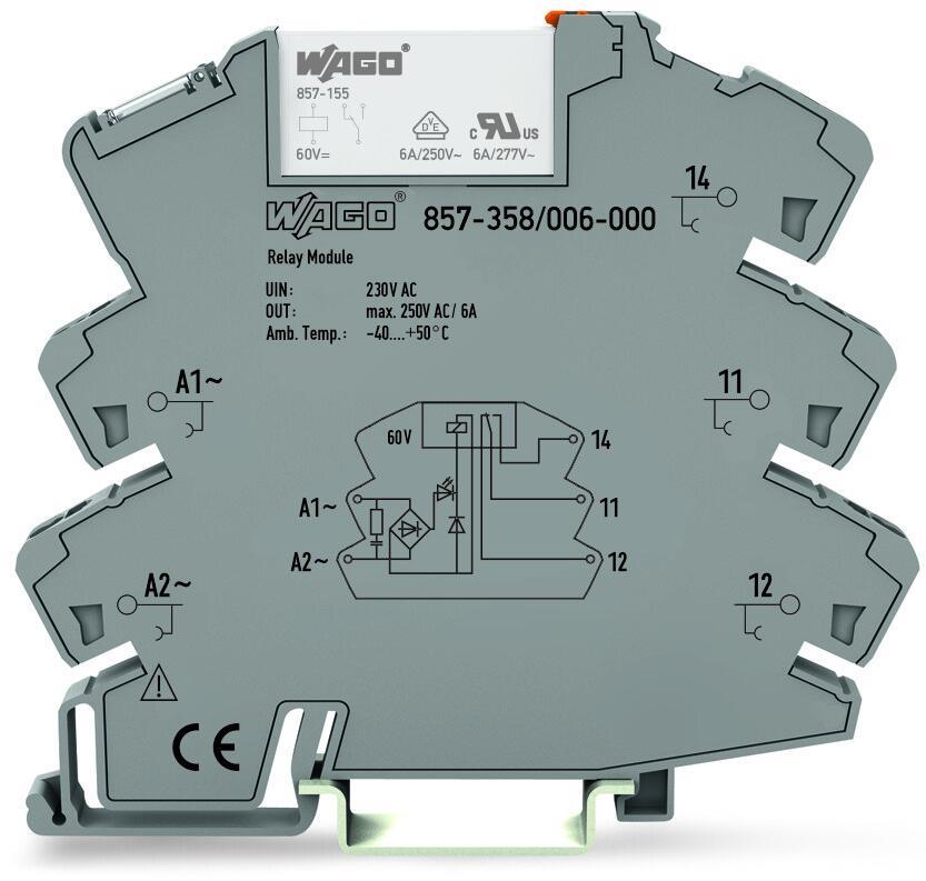 WAGO 857-358/006-000   Röle Modülü Nominal Giriş Gerilimi 230VAC 1 Değişken Kontak Sınırlayıcı Sürekli Akım 6A Entegre Baz Yük Modüllü Sarı Durum Göstergesi Modül Genişliği 6mm 2.50mm² Gri