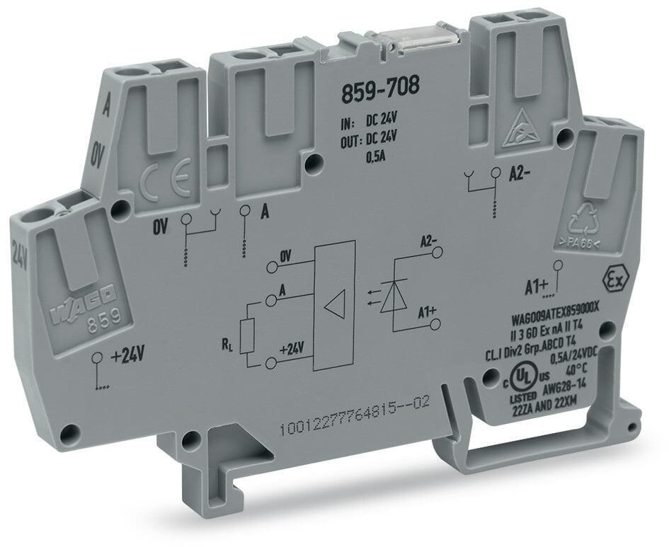 WAGO 859-708    Optokuplör modülü Nominal giriş gerilimi 24VDC Çıkış gerilimi aralığı 0 - 24 VDC Sınırlayıcı sürekli akım 0.5A Frekans 10 kHz Modül genişliği 6mm Gri