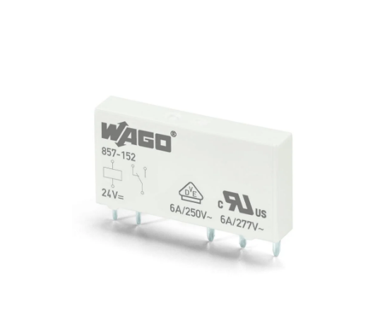Wago 857-152 PLC RÖLE, RAY TİPİ, 6mm, TAKILABİLİR RÖLE, 6A, 1 DEĞİŞTİRİCİ KONTAK, DC 24 V, yedek röle