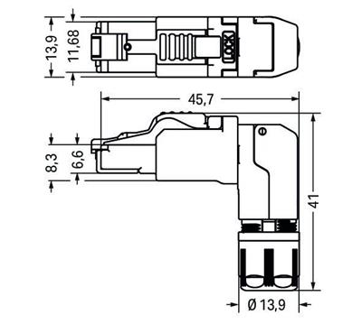 WAGO 750-979/000-013  Konnektör PROFINET RJ-45 Cat 6A Açılı AWG 22 Burkulmayı Önleme