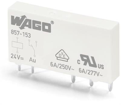 WAGO 857-153   Temel röle; Nominal giriş gerilimi: 24 VDC; 1 değişken kontak; Sınırlayıcı sürekli akım: 6 A; altın kontaklı Modül genişliği 5mm Modül yüksekliği 15mm