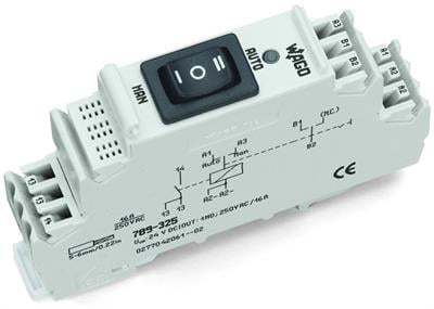 WAGO 789-325   Röle Modülü Nominal Giriş Gerilimi 24VDC 1 Normalde Açık Kontak Sınırlayıcı Sürekli Akım 16A Lamba Yükleri İçin Manuel/Kapalı/Oto Anahtarı Kırmızı Durum Göstergesi Modül Genişliği 18mm