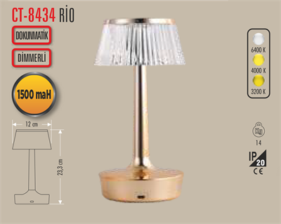 CT 8434 RİO DEKORATİF MASA LAMBASI ŞARJLI DİMERLİ 