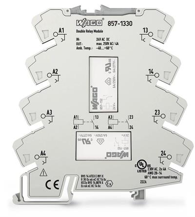 WAGO 857-1330   Röle Modülü 2 Portlu Nominal Giriş Gerilimi 24V AC/DC 1 Normalde Açık Kontak Sınırlayıcı Sürekli Akım 4A Sarı Durum Göstergesi Modül Genişliği 6mm 2.50mm²