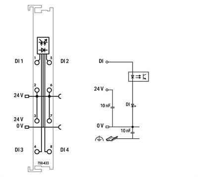WAGO 750-433   4 Kanallı Dijital Giriş 24 VDC 0.2ms 2 İletkenli Bağlantı