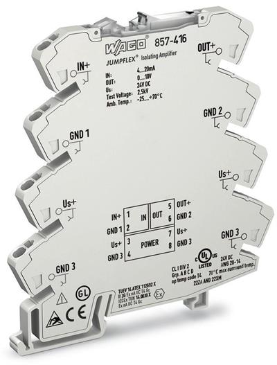 WAGO 857-416   İzolasyon Kuvvetlendiricisi Akım Girişi Sinyali Gerilim Çıkışı Sinyali Besleme Gerilimi 24 VDC 6mm Modül Genişliği 2.50 mm²